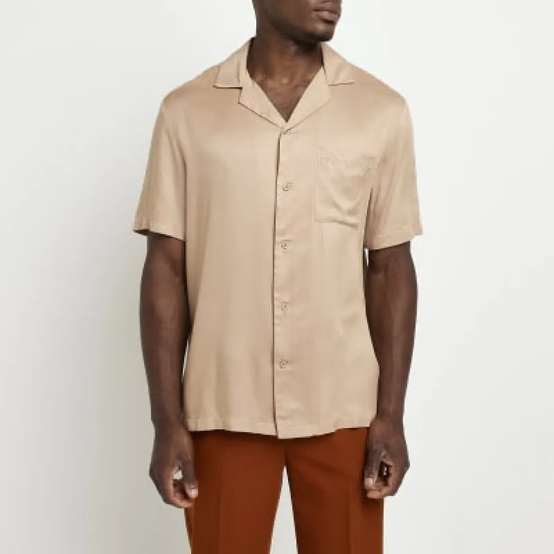 Stone regular fit revere short sleeve shirt sold by River Island
