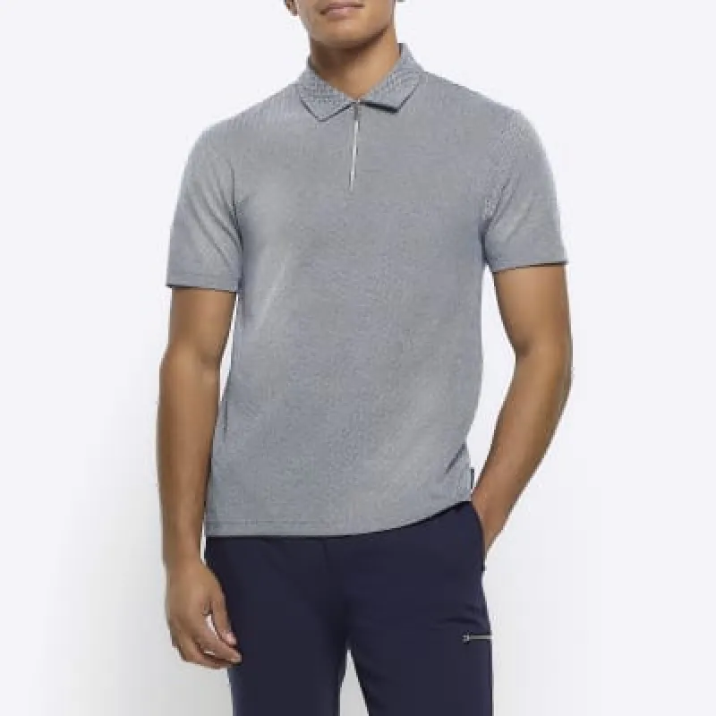 Grey regular fit Herringbone half zip polo sold by River Island