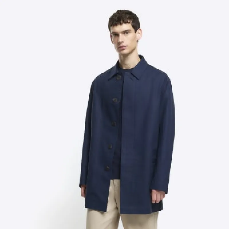 Navy regular fit short smart Mac coat sold by River Island