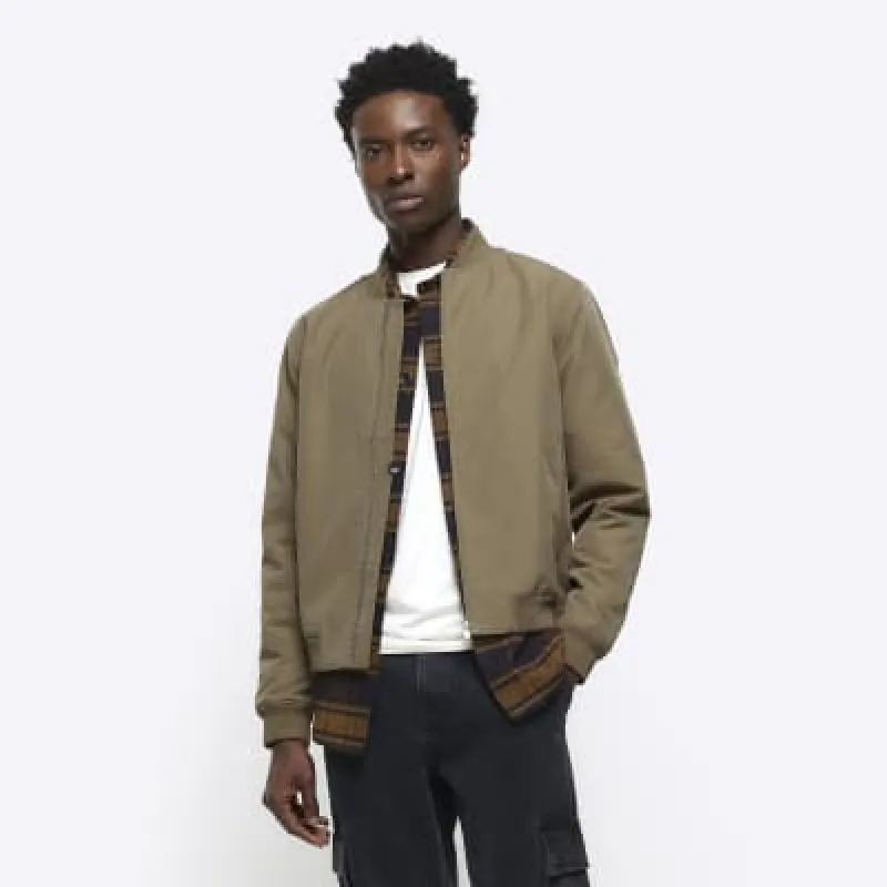 Brown regular fit zip up bomber jacket sold by River Island