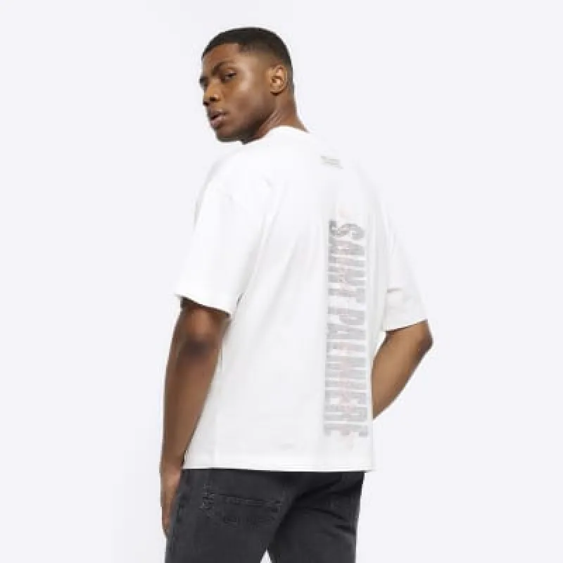 White oversized fit embossed graphic t-shirt sold by River Island