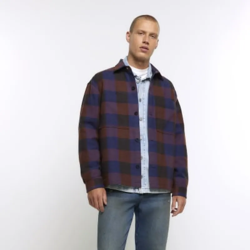 Blue regular fit check overshirt sold by River Island