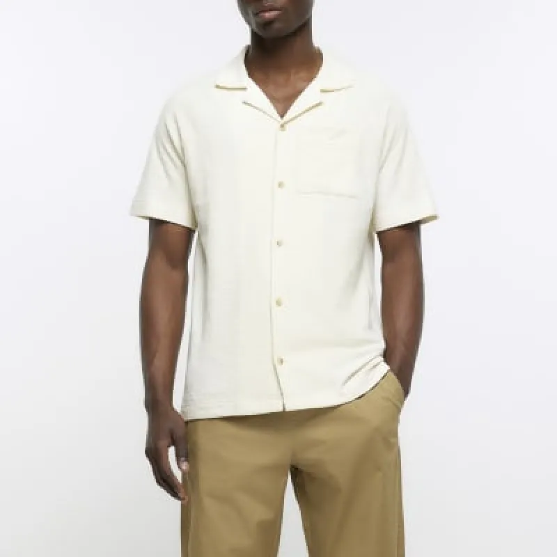 Beige regular fit textured revere shirt sold by River Island