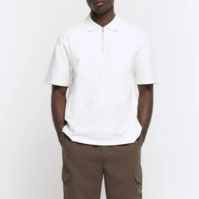 Beige regular fit textured half zip polo made by River Island