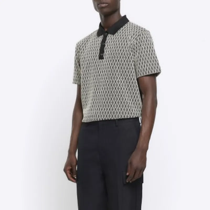 Black Regular Fit Diamond Jacquard Polo sold by River Island