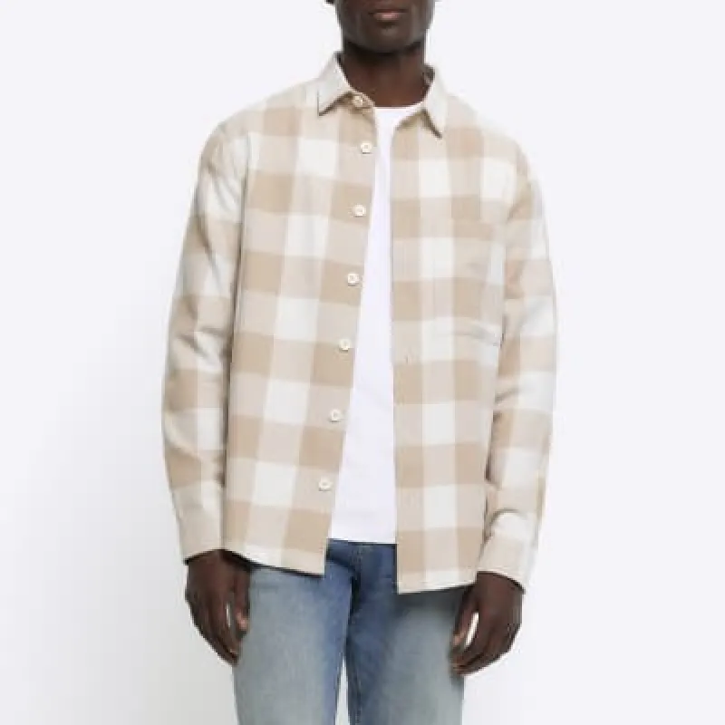 Stone regular fit check long sleeve shirt sold by River Island