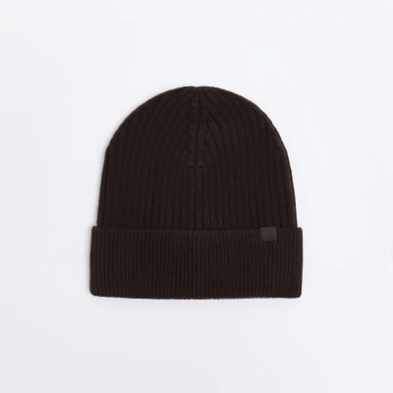 Brown knitted rib beanie sold by River Island