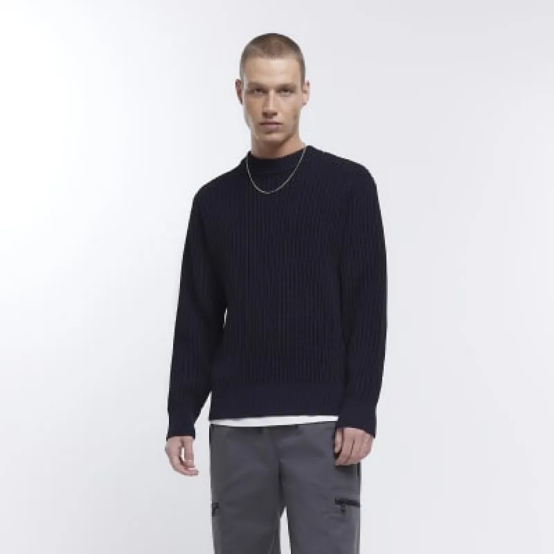 Navy regular fit plaited rib jumper sold by River Island