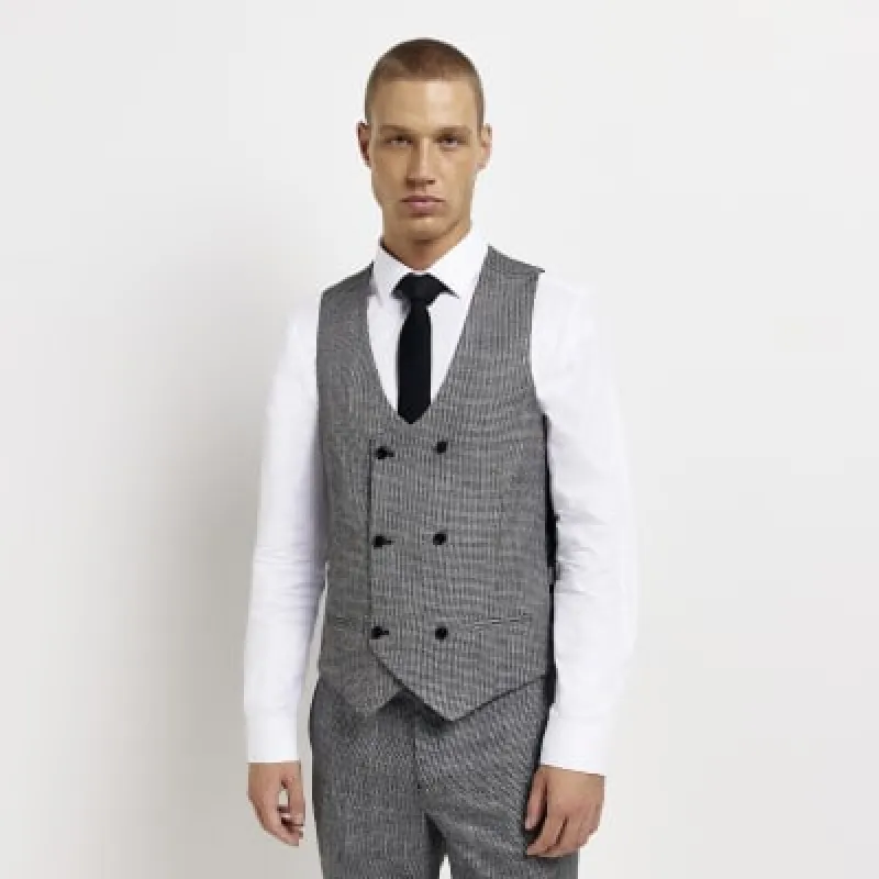 Grey Skinny fit Houndstooth Waistcoat sold by River Island