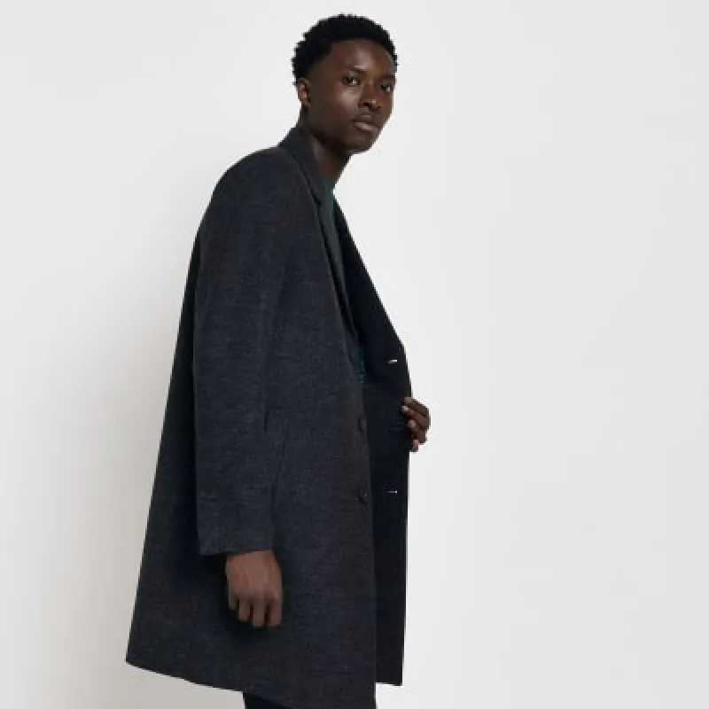 Grey Twill button through wool blend coat sold by River Island