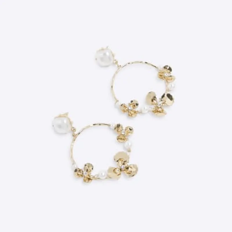 Gold Flower Circle Pearl Drop Earrings sold by River Island