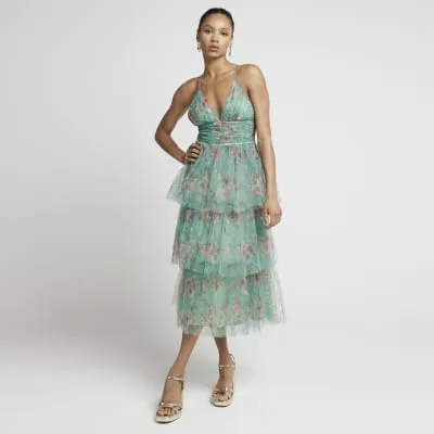 Green mesh floral tiered swing midi dress sold by River Island
