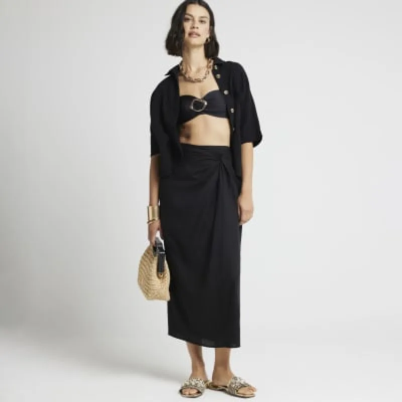 Black linen blend wrap skirt sold by River Island
