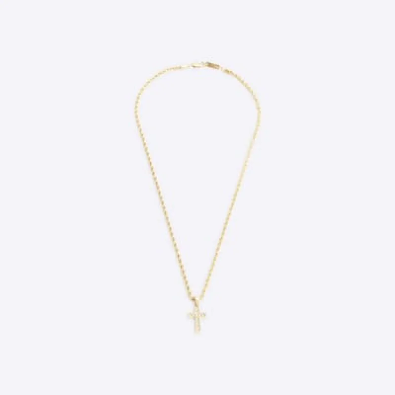 Gold Rhinestone Cross Necklace made by River Island