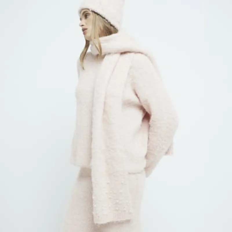 Pink Fluffy Brushed Pearl Embellished Scarf sold by River Island