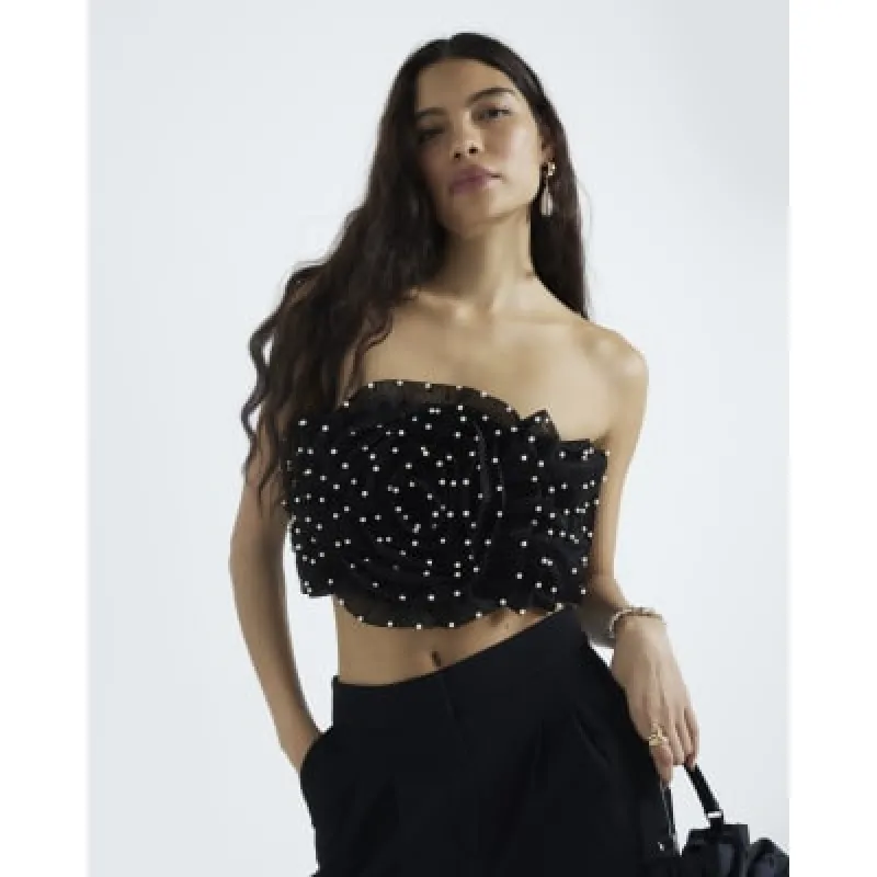 Black Pearl Corsage Bandeau Crop Top sold by River Island