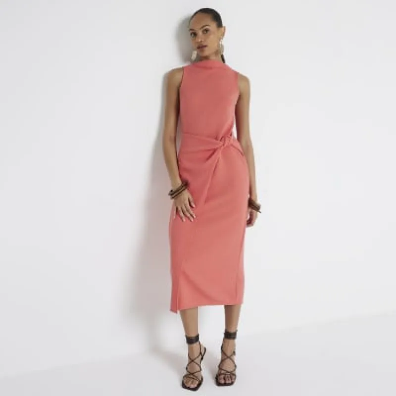 Coral textured knot bodycon midi dress sold by River Island