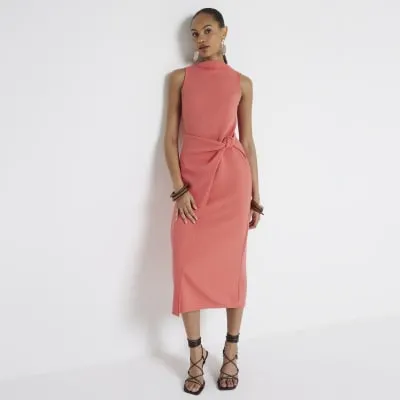 Coral textured knot bodycon midi dress sold by River Island