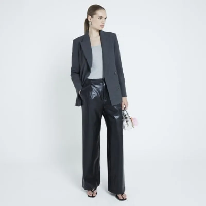 Black faux leather croc wide leg trousers sold by River Island