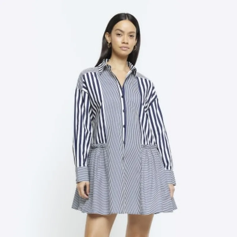 Blue stripe long sleeve mini shirt dress sold by River Island