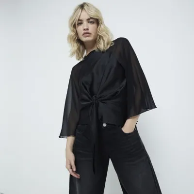 Black Long Sleeve Tie Front Top sold by River Island
