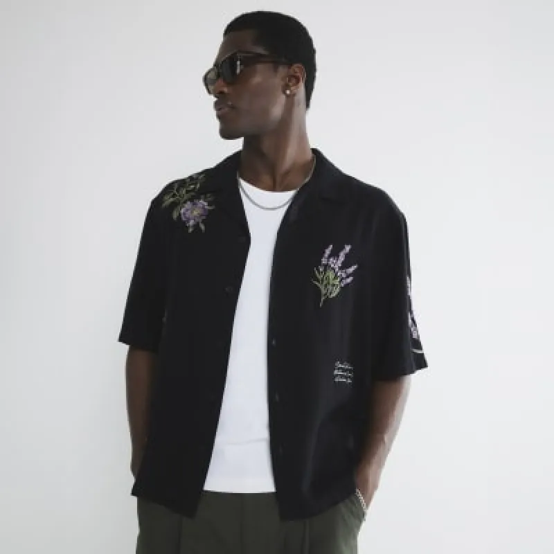 Black Short Sleeved Floral Embroidered Shirt sold by River Island