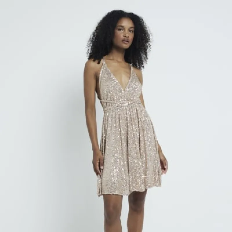 Rose Gold embellished Plunge Mini Dress sold by River Island