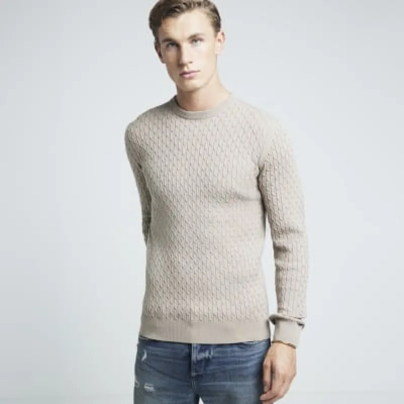 Stone muscle fit cable knitted jumper sold by River Island