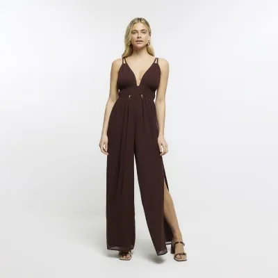 Brown Plunge Cut Out Jumpsuit sold by River Island
