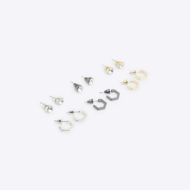 Silver Mixed Metal Stud And Hoop Earrings 6PK sold by River Island