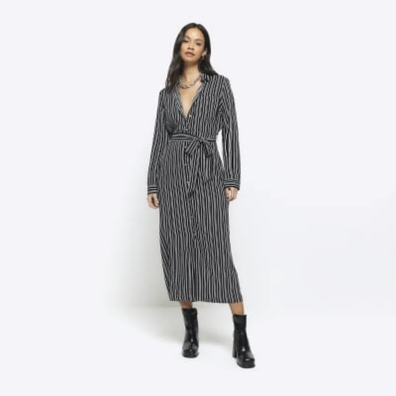 Black stripe belted midi shirt dress sold by River Island