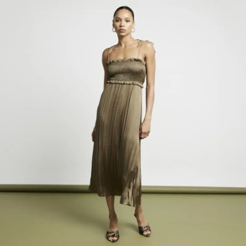 Khaki satin shirred slip midi dress sold by River Island