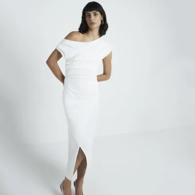 White Drape Off Shoulder Bodycon Midi Dress sold by River Island