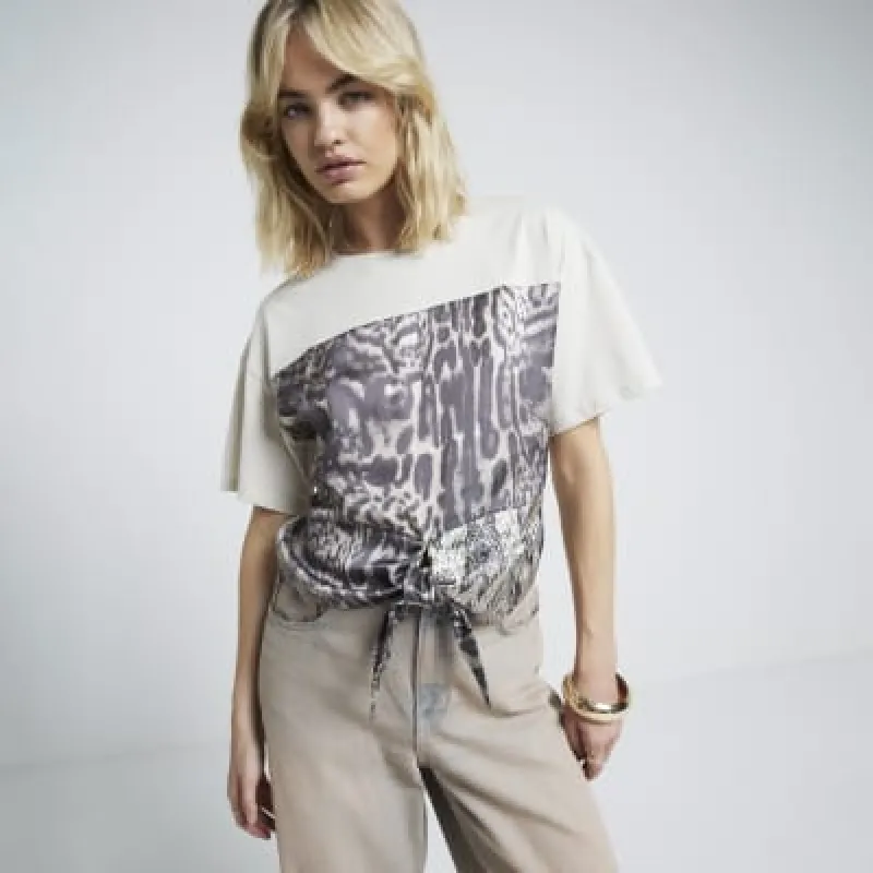 Cream leopard print tie front t-shirt sold by River Island