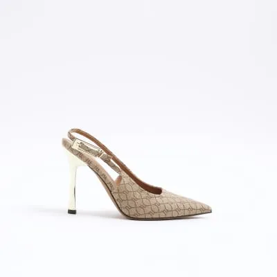 Beige monogram sling back heeled court shoes sold by River Island