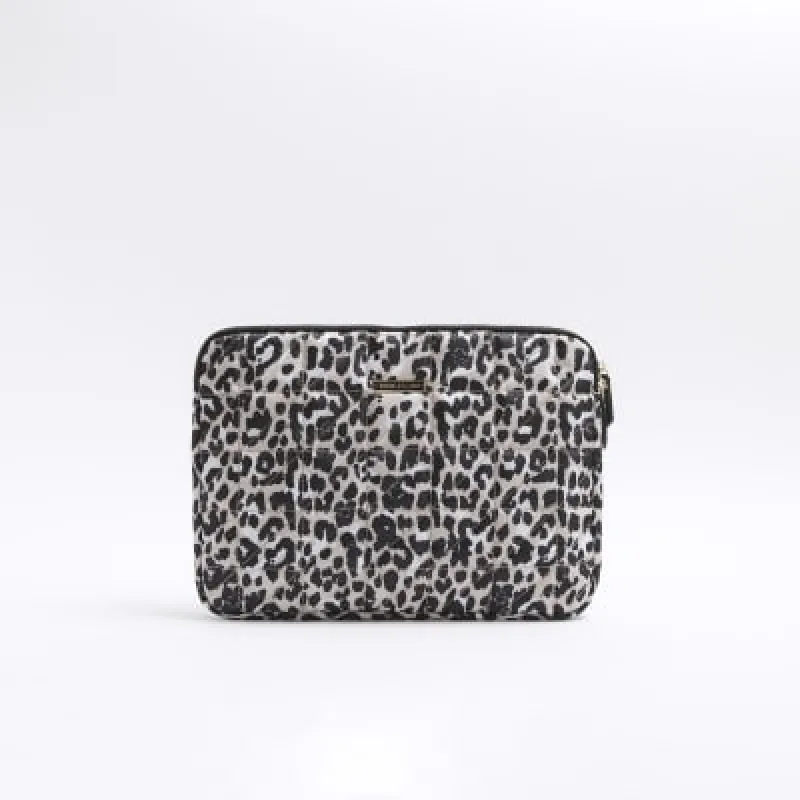 Beige quilted leopard print laptop bag sold by River Island