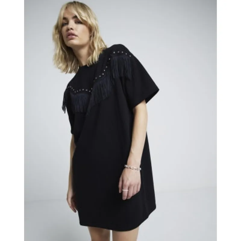 Black western fringe t-shirt mini dress sold by River Island