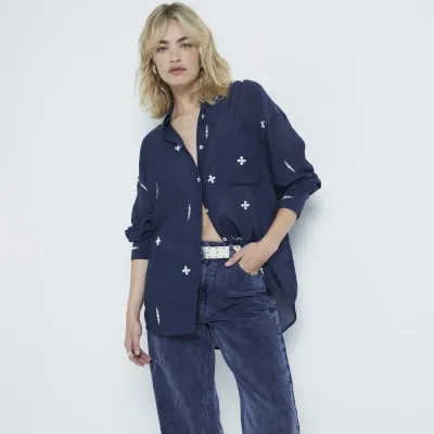 Blue embroidered oversized shirt sold by River Island