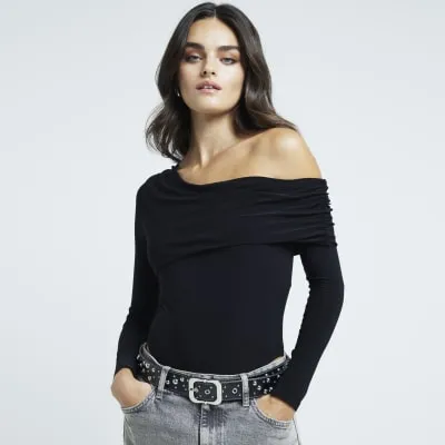 Black ruched off shoulder bodysuit sold by River Island