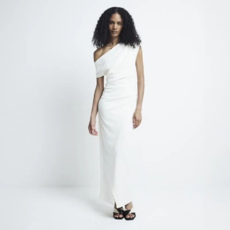 Cream drape off shoulder bodycon maxi dress sold by River Island