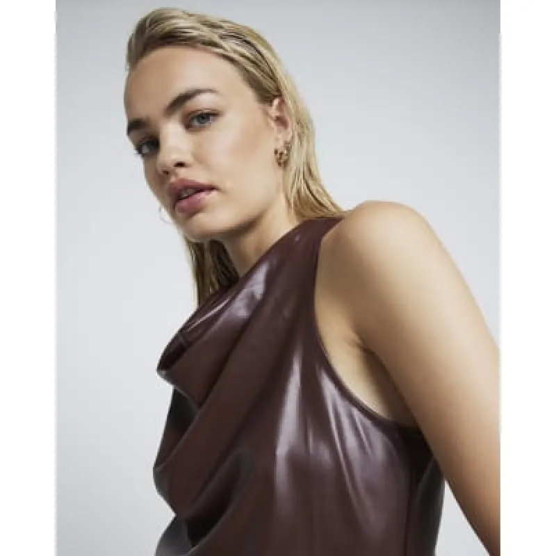 Brown faux leather halter cowl neck top sold by River Island