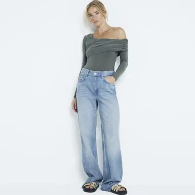 Khaki ruched off shoulder bodysuit sold by River Island