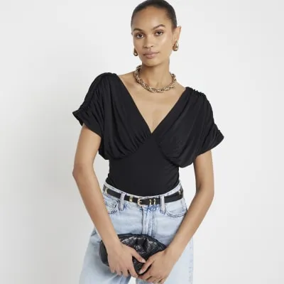 Black Drape Plunge Bodysuit sold by River Island