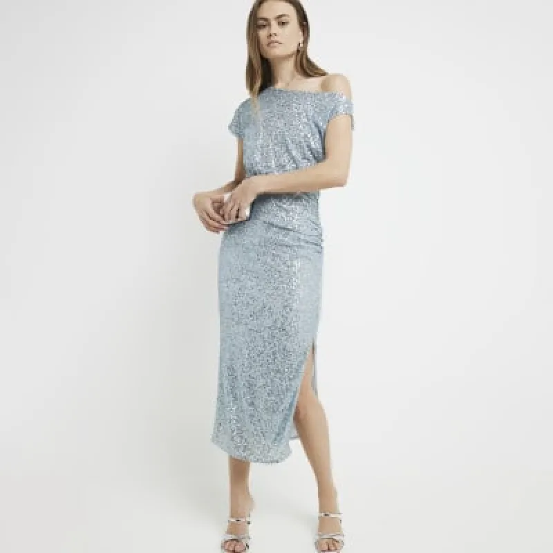 Blue sequin off shoulder bodycon midi dress sold by River Island