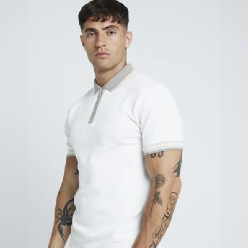 White slim fit textured tipped half zip polo sold by River Island