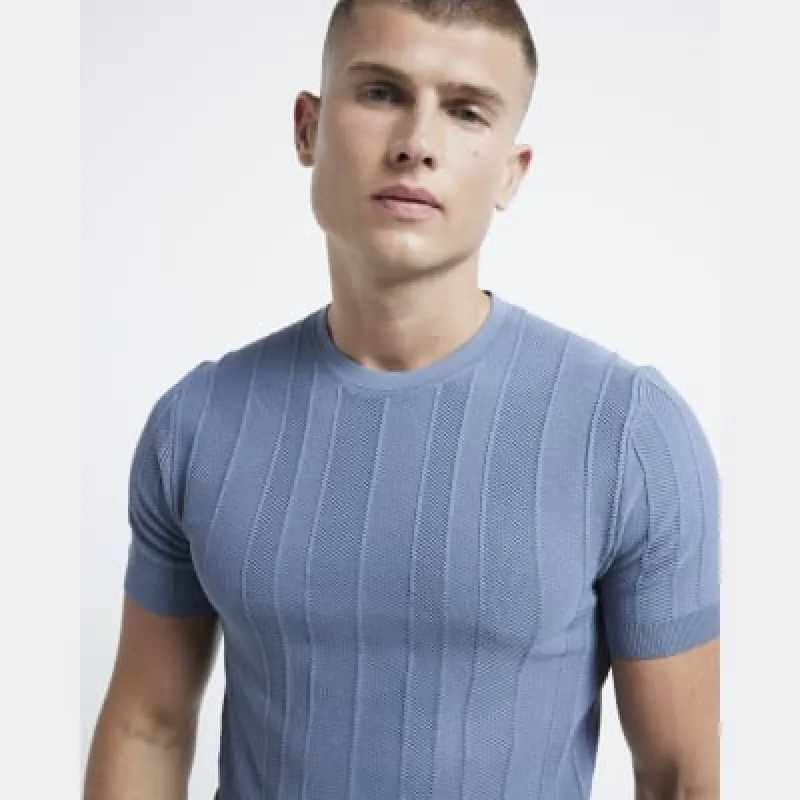 Blue muscle fit herringbone knit t-shirt sold by River Island