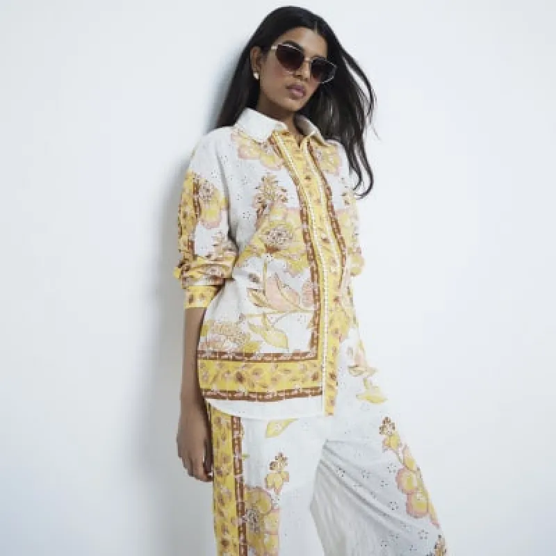 Petite Yellow Long Sleeved Broderie Shirt sold by River Island