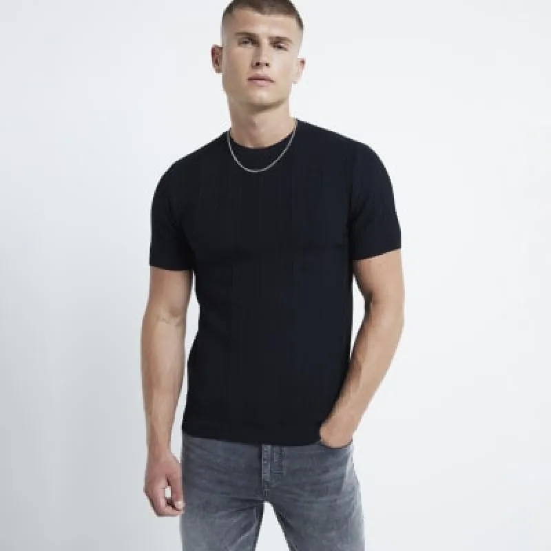 Black muscle fit herringbone knit t-shirt made by River Island