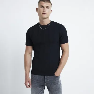 Black muscle fit herringbone knit t-shirt sold by River Island