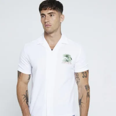 White regular palm tree graphic revere shirt sold by River Island